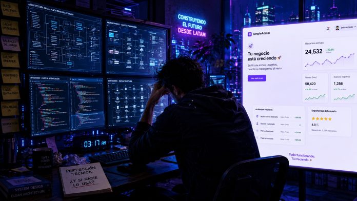 Desarrollador atrapado en arquitectura SaaS compleja mientras una app simple valida usuarios y ventas.